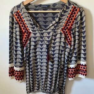 Lucky Brand Navy and Cream Patterned Top